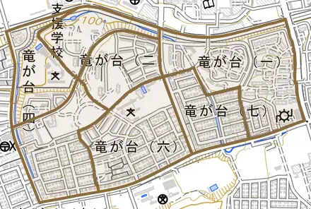 竜が台とその周辺の地図。町の範囲を重ねている