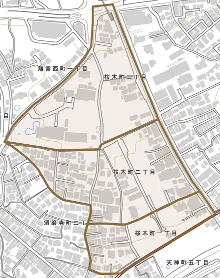 桜木町とその周辺の地図。町の範囲を重ねている