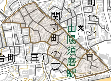 関守町とその周辺の地図。町の範囲を重ねている