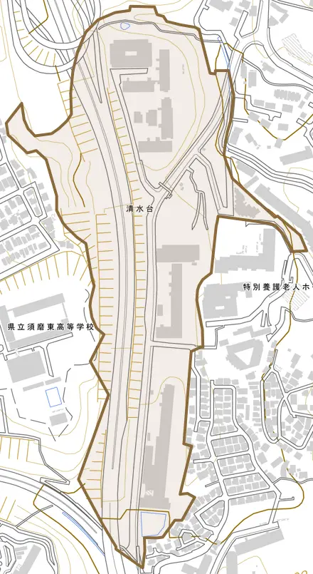 清水台とその周辺の地図。町の範囲を重ねている