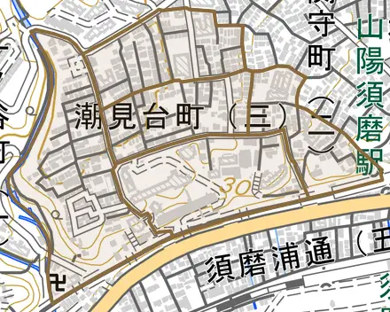 潮見台町とその周辺の地図。町の範囲を重ねている