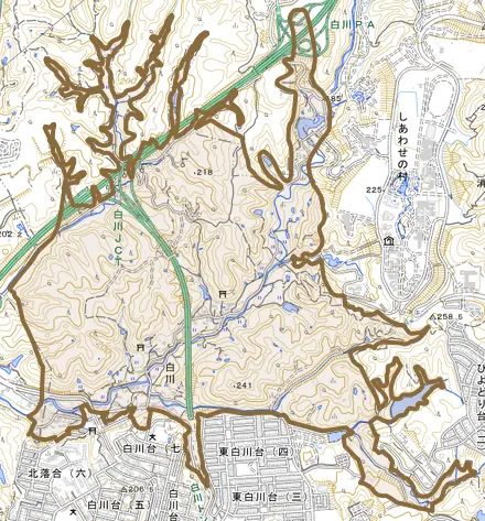 白川とその周辺の地図。町の範囲を重ねている