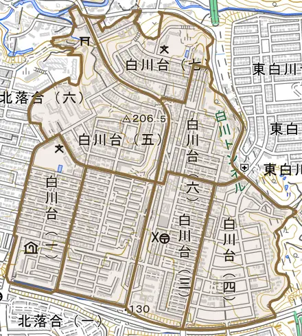 白川台とその周辺の地図。町の範囲を重ねている