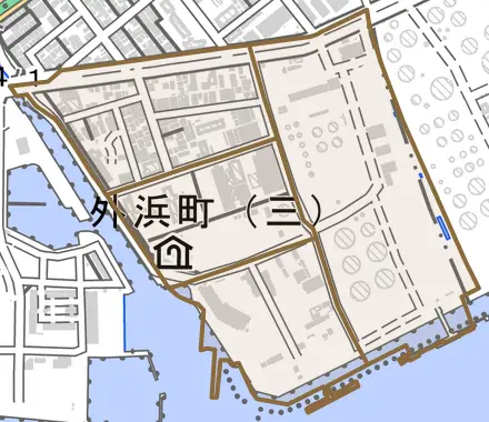 外浜町とその周辺の地図。町の範囲を重ねている