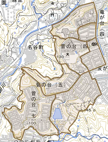 菅の台とその周辺の地図。町の範囲を重ねている