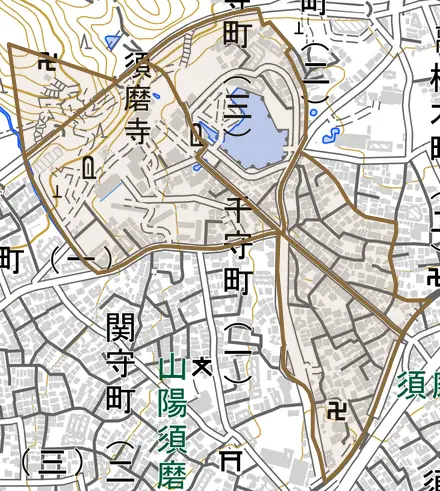 須磨寺町とその周辺の地図。町の範囲を重ねている