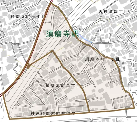 須磨本町とその周辺の地図。町の範囲を重ねている