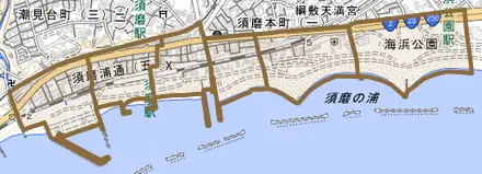 須磨浦通とその周辺の地図。町の範囲を重ねている