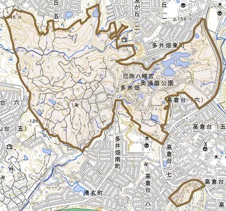 多井畑とその周辺の地図。町の範囲を重ねている