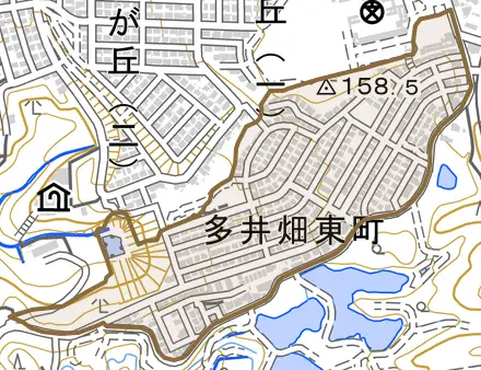 多井畑東町とその周辺の地図。町の範囲を重ねている