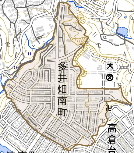多井畑南町とその周辺の地図。町の範囲を重ねている