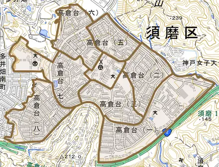高倉台とその周辺の地図。町の範囲を重ねている