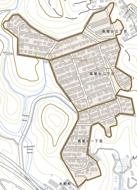 高尾台とその周辺の地図。町の範囲を重ねている