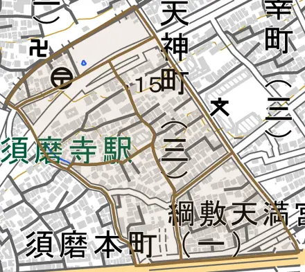 天神町とその周辺の地図。町の範囲を重ねている