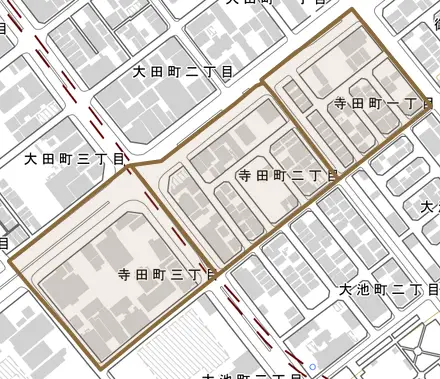 寺田町とその周辺の地図。町の範囲を重ねている