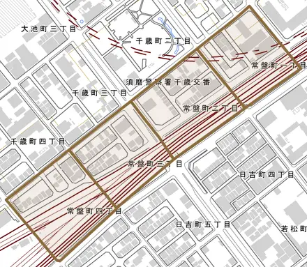 常盤町とその周辺の地図。町の範囲を重ねている