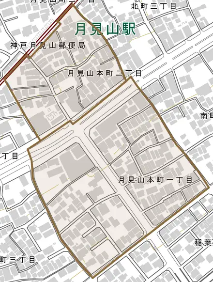 月見山本町とその周辺の地図。町の範囲を重ねている