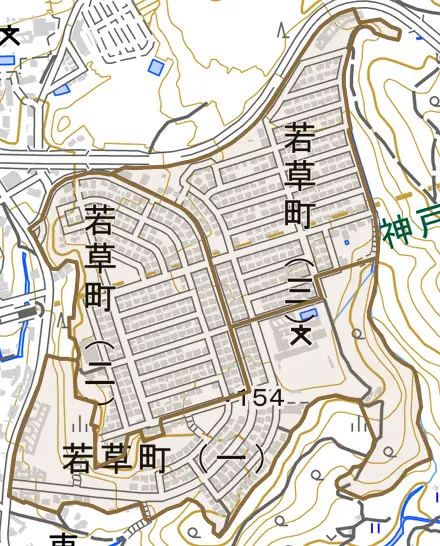 若草町とその周辺の地図。町の範囲を重ねている