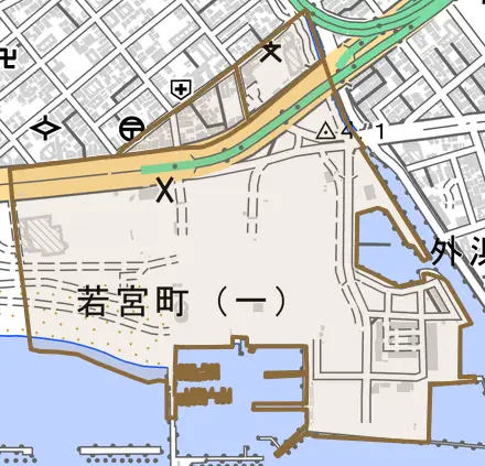 若宮町とその周辺の地図。町の範囲を重ねている
