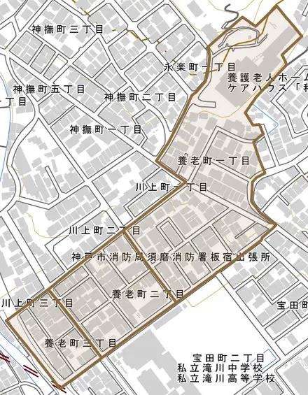 養老町とその周辺の地図。町の範囲を重ねている
