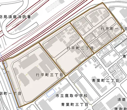 行平町とその周辺の地図。町の範囲を重ねている