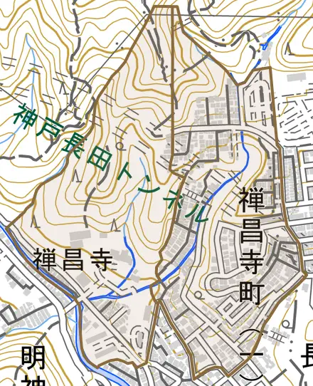 禅昌寺町とその周辺の地図。町の範囲を重ねている