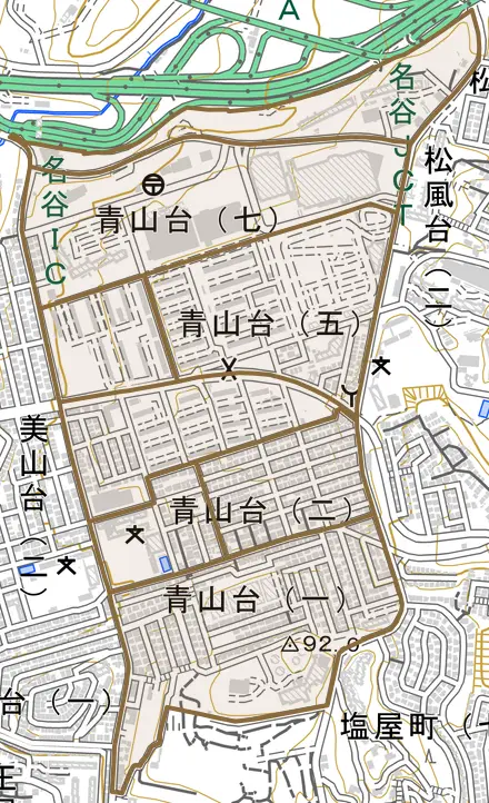 青山台とその周辺の地図。町の範囲を重ねている