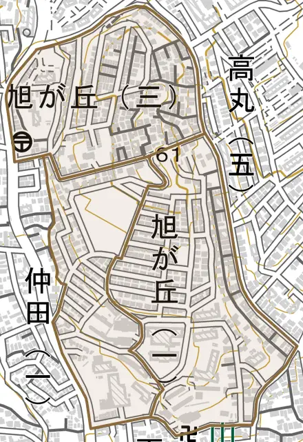 旭が丘とその周辺の地図。町の範囲を重ねている