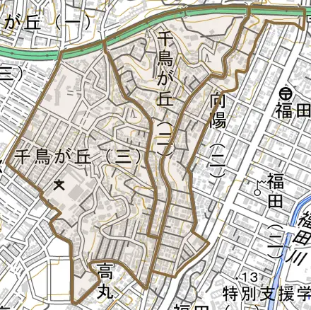 千鳥が丘とその周辺の地図。町の範囲を重ねている