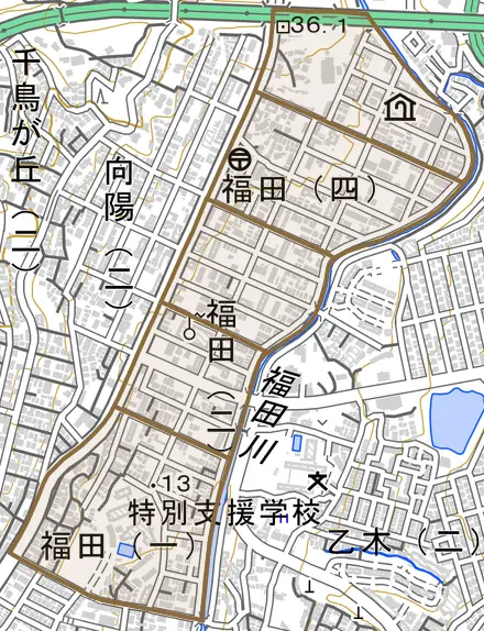 福田とその周辺の地図。町の範囲を重ねている
