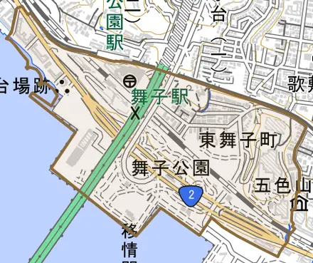 東舞子町とその周辺の地図。町の範囲を重ねている