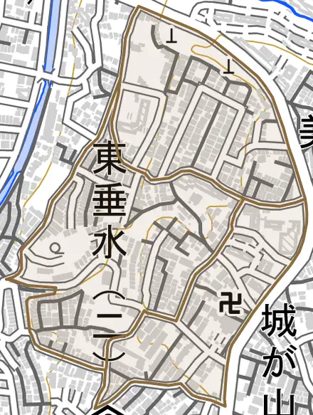 東垂水とその周辺の地図。町の範囲を重ねている