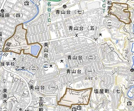 東垂水町とその周辺の地図。町の範囲を重ねている