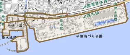 平磯とその周辺の地図。町の範囲を重ねている