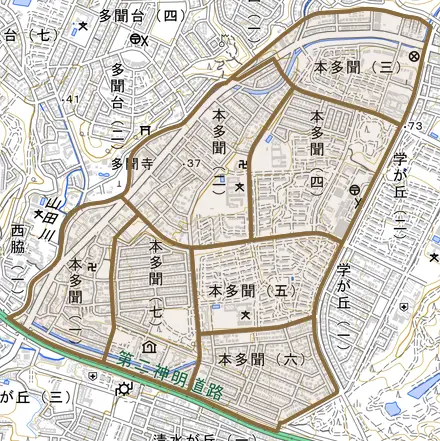 本多聞とその周辺の地図。町の範囲を重ねている