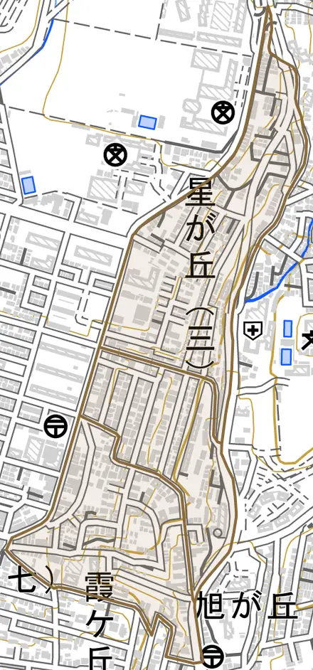 星が丘とその周辺の地図。町の範囲を重ねている