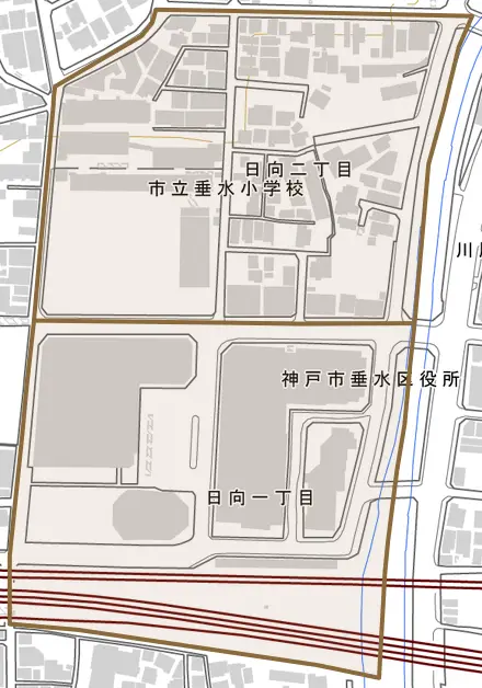日向とその周辺の地図。町の範囲を重ねている