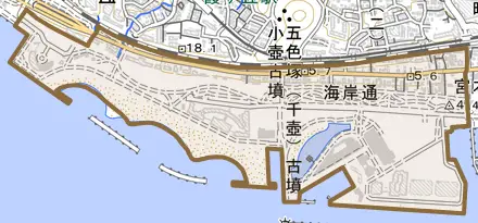 海岸通とその周辺の地図。町の範囲を重ねている