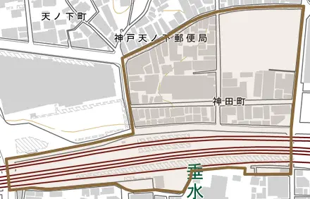 神田町とその周辺の地図。町の範囲を重ねている
