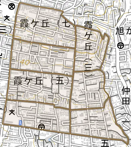 霞ケ丘とその周辺の地図。町の範囲を重ねている