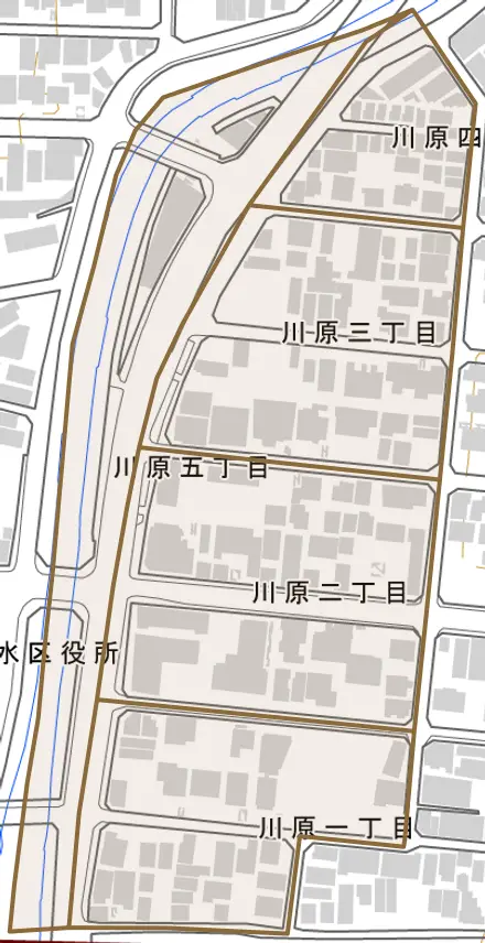 川原とその周辺の地図。町の範囲を重ねている