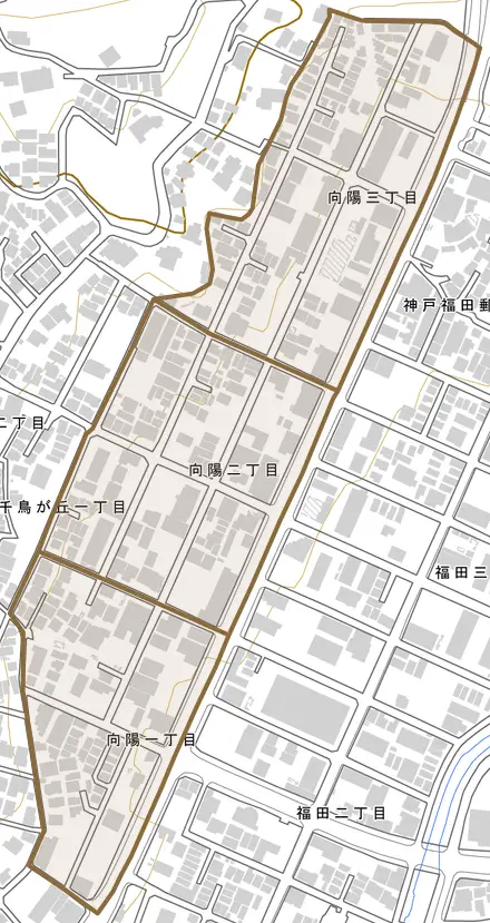 向陽とその周辺の地図。町の範囲を重ねている