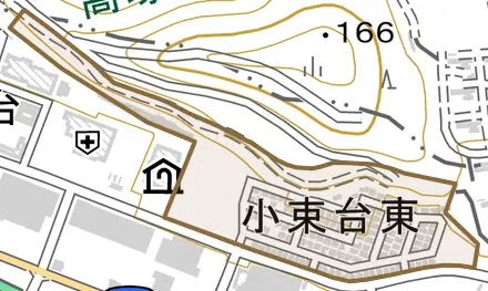 小束台東とその周辺の地図。町の範囲を重ねている