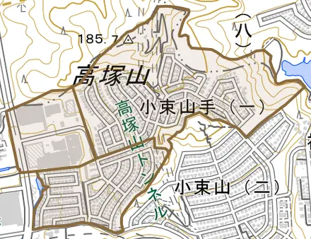 小束山手とその周辺の地図。町の範囲を重ねている