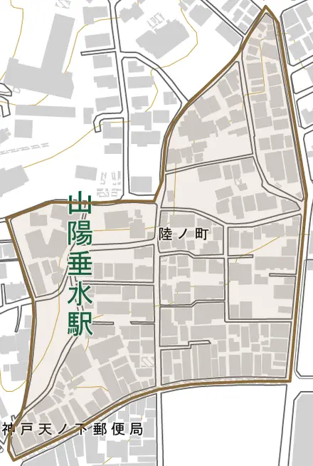 陸ノ町とその周辺の地図。町の範囲を重ねている
