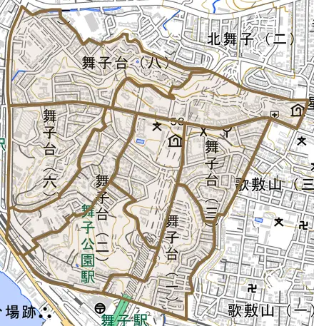 舞子台とその周辺の地図。町の範囲を重ねている