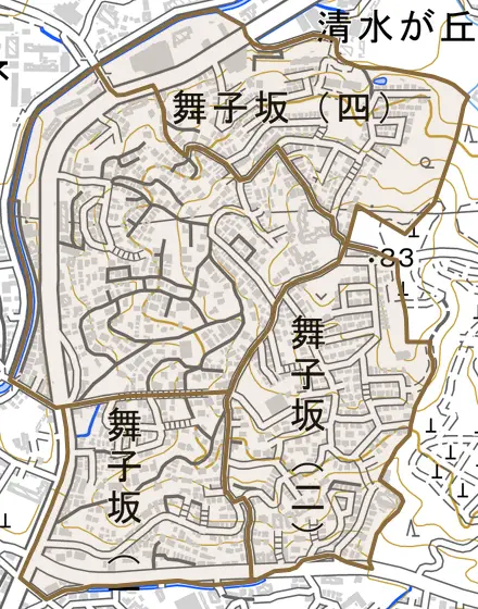 舞子坂とその周辺の地図。町の範囲を重ねている