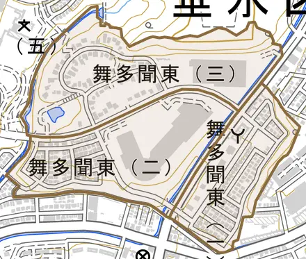 舞多聞東とその周辺の地図。町の範囲を重ねている