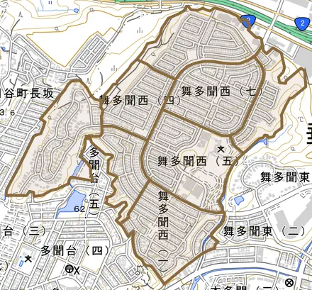 舞多聞西とその周辺の地図。町の範囲を重ねている
