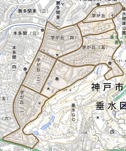 学が丘とその周辺の地図。町の範囲を重ねている